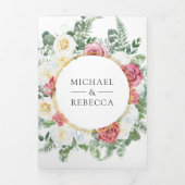 Rustic Boho Pink Roses Floral QR Code Hochzeit Dreifach Gefaltete Einladung (Cover)