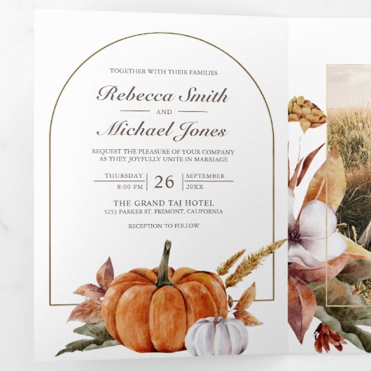 Rustic Boho Pumpkin Foto QR Code Wedding Dreifach Gefaltete Einladung (Innen Erste Seite)