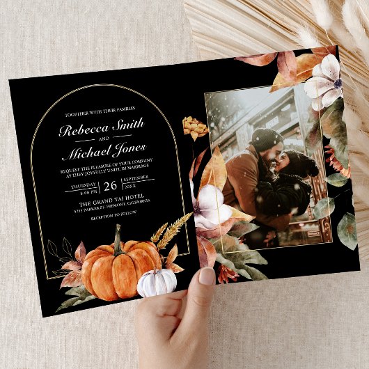 Rustic Boho Pumpkin Photo QR Code Black Wedding Einladung