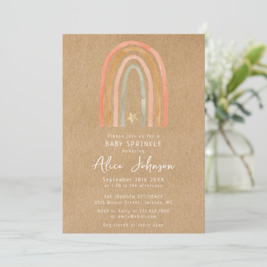 Rustic Boho Rainbow Baby Sprinkle Einladung (Stehend Vorderseite)