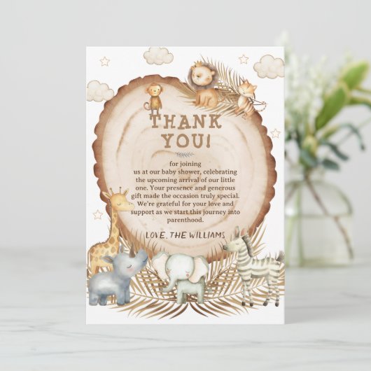 Rustic Boho Safari Animals Baby Dusche Dankeskarte (Stehend Vorderseite)