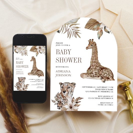 Rustic Boho Safari Leopard and Giraffe Baby Shower Einladung