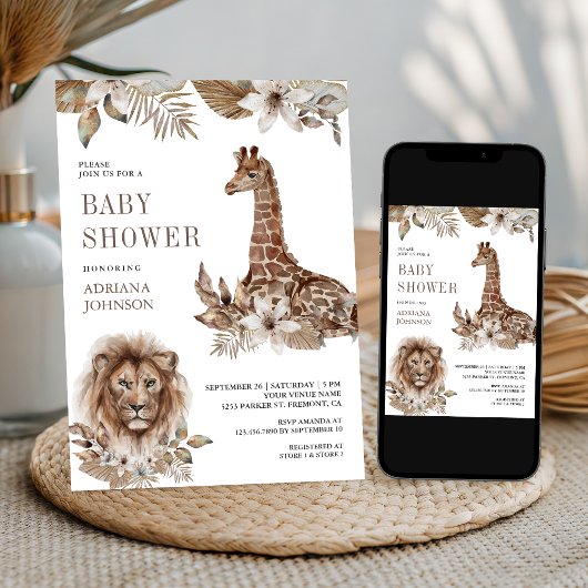 Rustic Boho Safari Lion and Giraffe Baby Shower Einladung