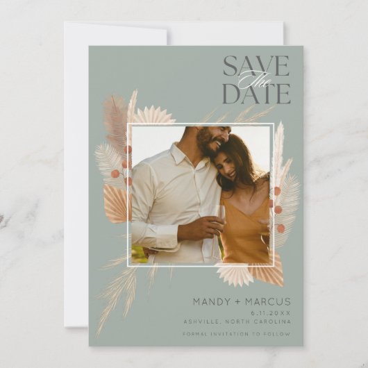 Rustic Boho Sage Foto Wedding Save The Date (Vorderseite)