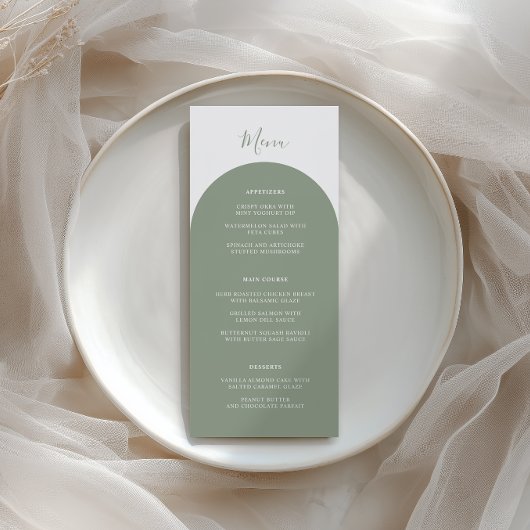 Rustic Boho Sage Green Arches Retro Wedding Dinner Menükarte