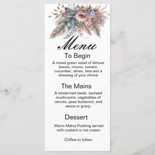Rustic Boho Silver & Pink Floral Wedding Menu Menükarte (Vorderseite)