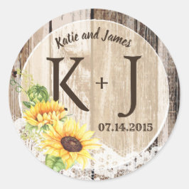 Rustic Boho Sonnenblume Spitzen Monogram Wedding Runder Aufkleber