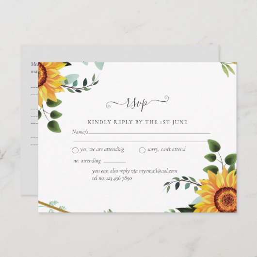 Rustic BOHO Sonnenblumen Grüne Hochzeit RSVP Postkarte (Vorne/Hinten)