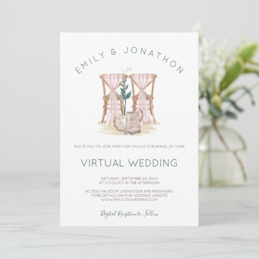 Rustic Boho Stairs Blue Eucalyptus Virtual Wedding Einladung (Stehend Vorderseite)