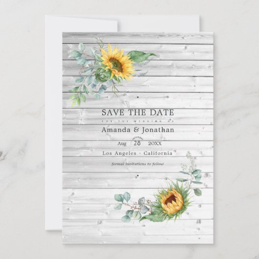 Rustic Boho Sunflower Eucalyptus Wedding Foto Save The Date (Vorderseite)