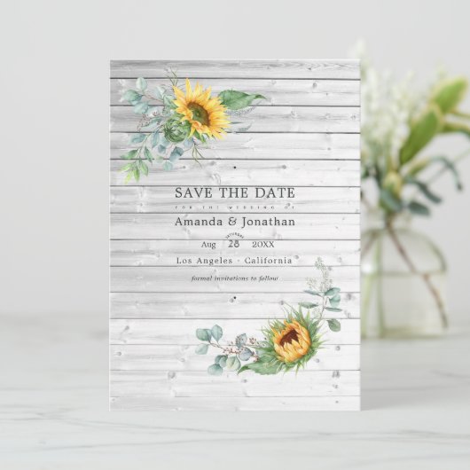 Rustic Boho Sunflower Eucalyptus Wedding Foto Save The Date (Stehend Vorderseite)
