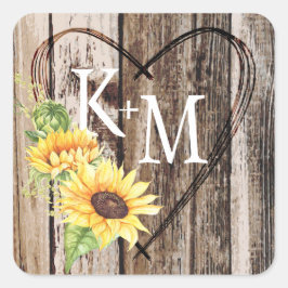 Rustic Boho Sunflower Heart Monogram Wedding Quadratischer Aufkleber
