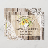 Rustic Boho Sunflower Longhorn Spitze Save the Dat Ankündigungspostkarte (Vorne/Hinten)