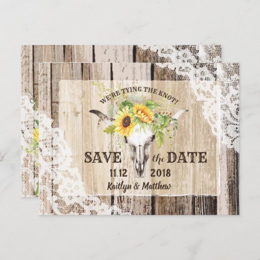 Rustic Boho Sunflower Longhorn Spitze Save the Dat Ankündigungspostkarte (Vorne/Hinten)