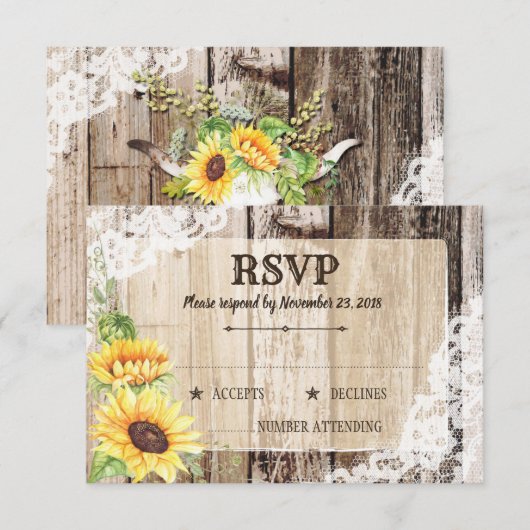 Rustic Boho Sunflowers Wood RSVP Card Karte (Vorne/Hinten)