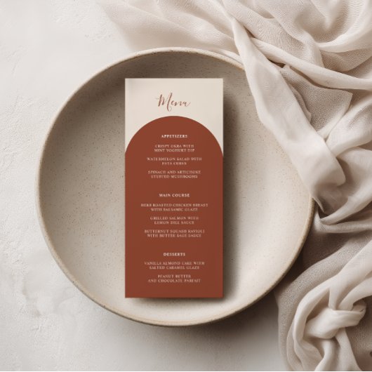 Rustic Boho Terracotta Arches Retro Wedding Dinner Menükarte