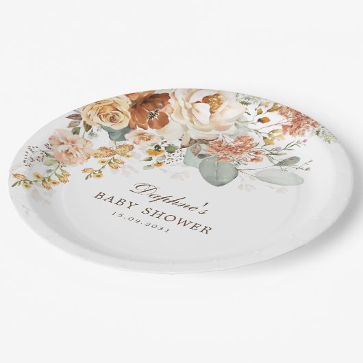 Rustic Boho Terracotta Blume Babydusche Pappteller (Schrägansicht)