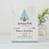 Rustic Boho Tribal Blue Teepday Party Einladung (Stehend Vorderseite)