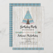 Rustic Boho Tribal Blue Teepday Party Einladung (Vorne/Hinten)