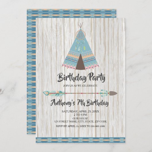 Rustic Boho Tribal Blue Teepday Party Einladung (Vorne/Hinten)