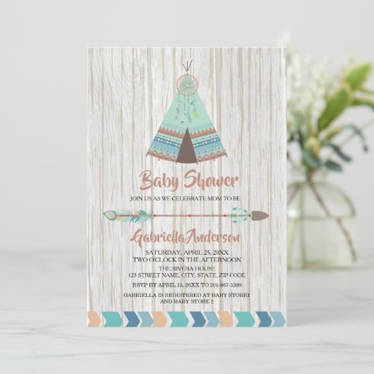Rustic Boho Tribal Teepee Baby Dusche Einladung (Stehend Vorderseite)