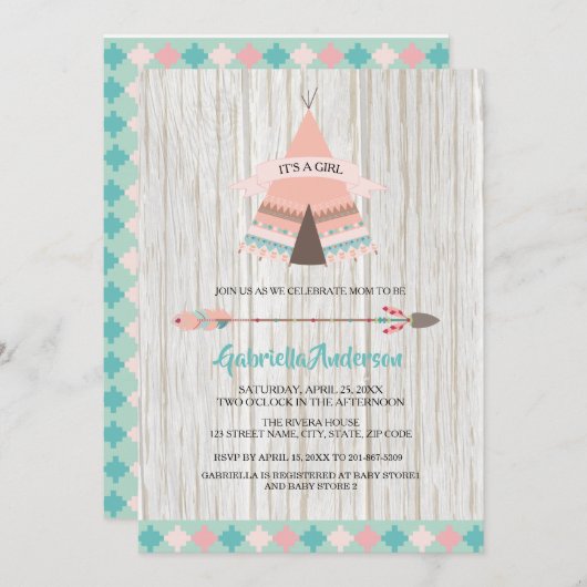 Rustic Boho Tribal Teepee Girl Baby Dusche Einladung (Vorne/Hinten)
