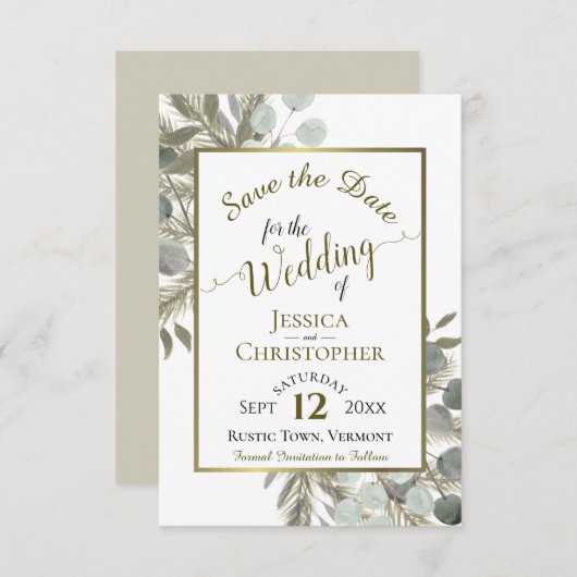 Rustic Boho Watercolor Eukalyptus & Pine Wedding Save The Date (Vorne/Hinten)