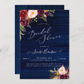 Rustic Boho Watercolor Marsala Peonies Blue Wood Einladung (Vorne/Hinten)