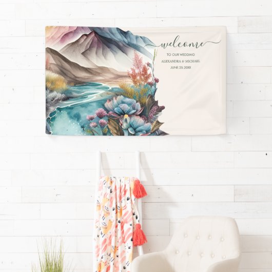 Rustic Boho Watercolor Mountain Wedding Banner (Insitu)