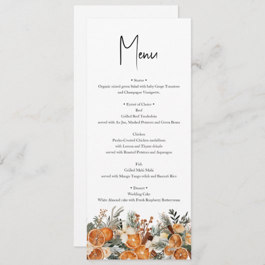 Rustic Boho Wedding Herbst Winter Menü Karte (Vorne/Hinten)