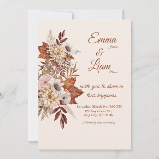 Rustic Boho Wedding Invitation | Beige Floral Card Einladung (Vorderseite)