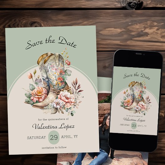 Rustic Boho Western Boots Floral Foto Save The Date