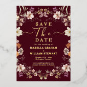 Rustic Boho Wildblume Burgundy Save the Date Folieneinladung (Vorderseite)