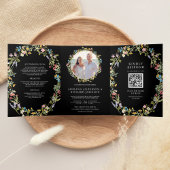 Rustic Boho Wildblume Foto QR Code Black Wedding Dreifach Gefaltete Einladung