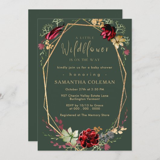 Rustic Boho Wildblume Geometric Green Baby Shower Einladung (Vorne/Hinten)