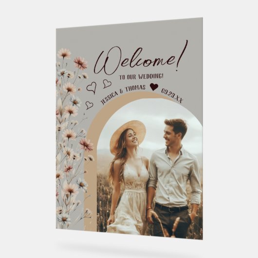 Rustic Boho Wildblumen Foto Arch Wedding Willkomme Acrylschild (Winkel)