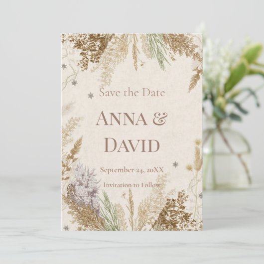 Rustic Boho Winter Save the Date with Pampas Grass Einladung (Stehend Vorderseite)