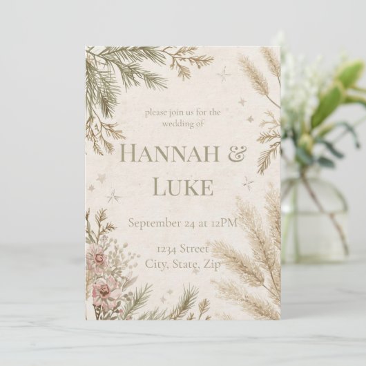 Rustic Boho Winter Wedding Invitation with Snow Einladung (Stehend Vorderseite)