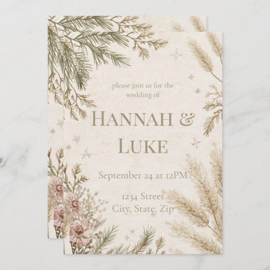 Rustic Boho Winter Wedding Invitation with Snow Einladung (Vorne/Hinten)