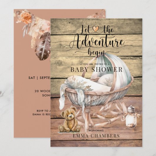 Rustic Boho Wood Boy Baby Dusche Einladung (Vorne/Hinten)