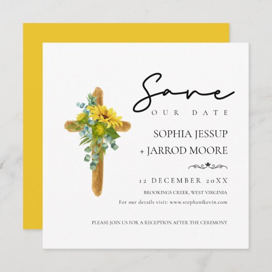 Rustic Boho Wood Cross Sonnenblumen Foliage Hochze Save The Date (Vorne/Hinten)
