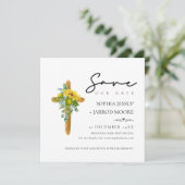 Rustic Boho Wood Cross Sonnenblumen Foliage Hochze Save The Date (Stehend Vorderseite)