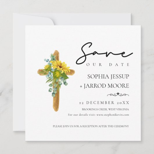 Rustic Boho Wood Cross Sonnenblumen Foliage Hochze Save The Date (Vorderseite)