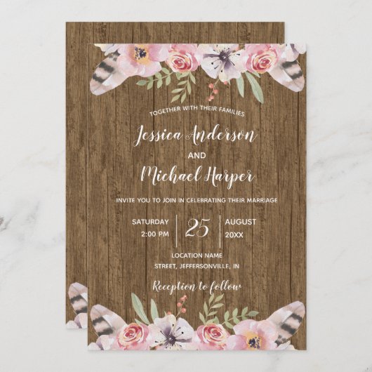 Rustic Boho Wood Floral Wedding Card Einladung (Vorne/Hinten)