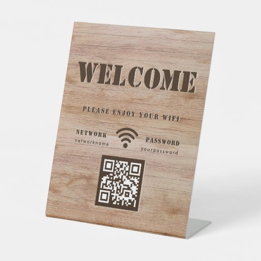 Rustic Bold Wood Grain Willkommen WIFI QR Code Sockelschild (Vorderseite)