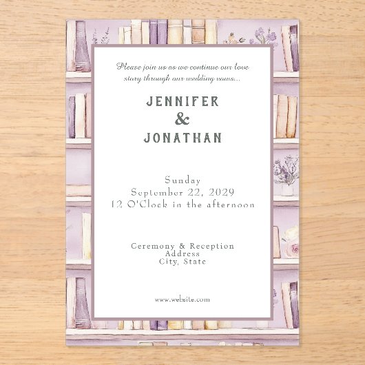 Rustic Book Lovers Print Wedding Invitation Acryleinladungen (Vorderseite)