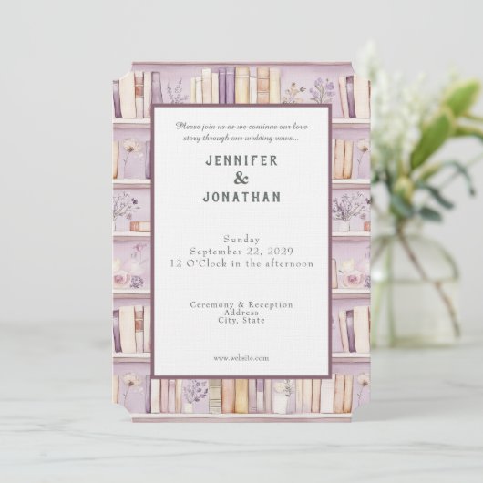 Rustic Book Lovers Print Wedding Invitation Einladung (Stehend Vorderseite)