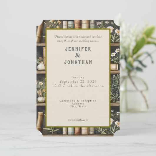 Rustic Book Lovers Print Wedding Invitation Einladung (Stehend Vorderseite)