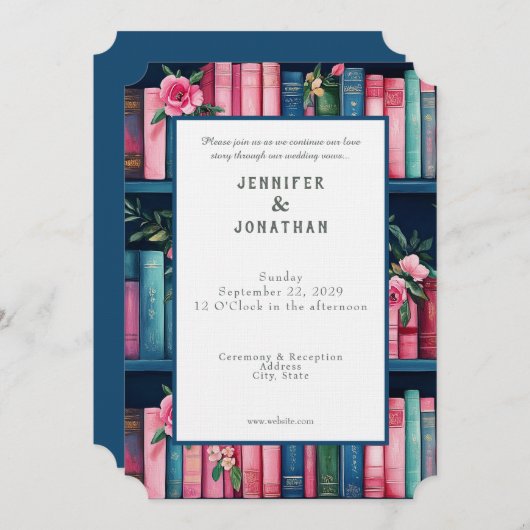 Rustic Book Lovers Print Wedding Invitation Einladung (Vorne/Hinten)
