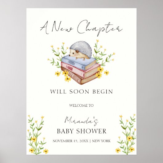 Rustic Books Floral Igel Baby Dusche Willkommen Poster (Vorne)